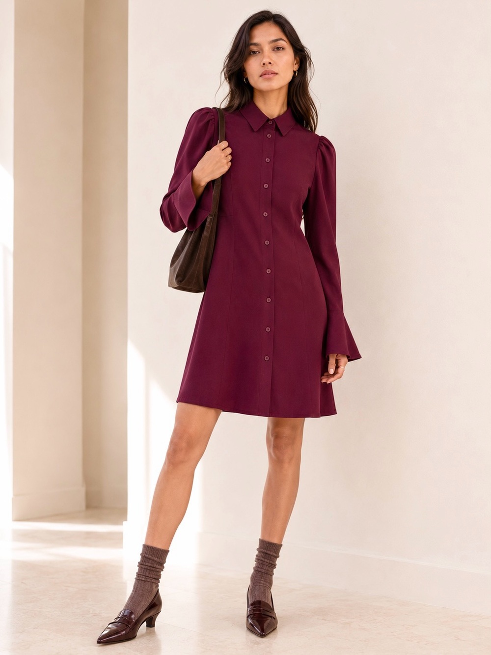 ASOS Burgundy Puff Sleeve Mini Shirt Dress A-Line Made in Romania Size 4